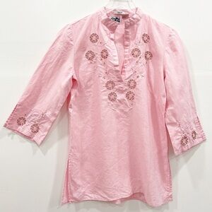 Edward Irish Linen Pink Tunic Top Split Neck V-Neck Embroidered Beaded